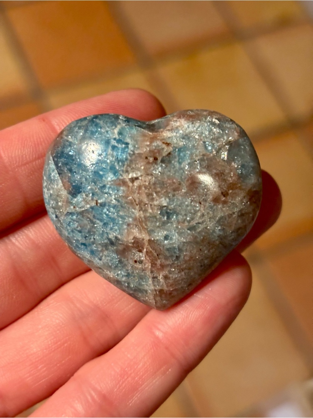 Natural Blue Apatite Crystal Heart – Polished Sparkly Stone with Matrix